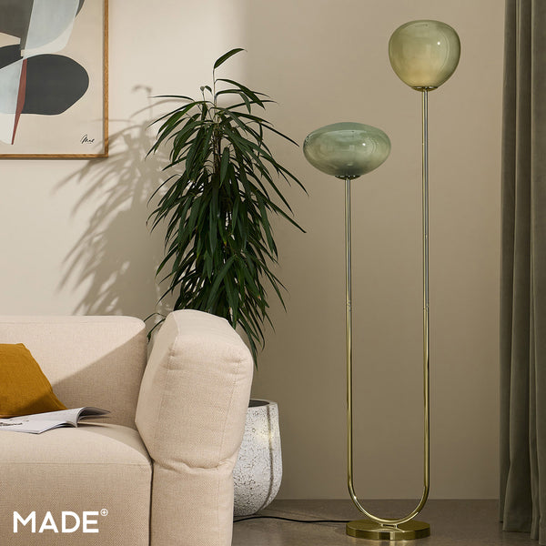 Adrianne Floor Lamp in Polished Brass with Green Toned Glass Shades