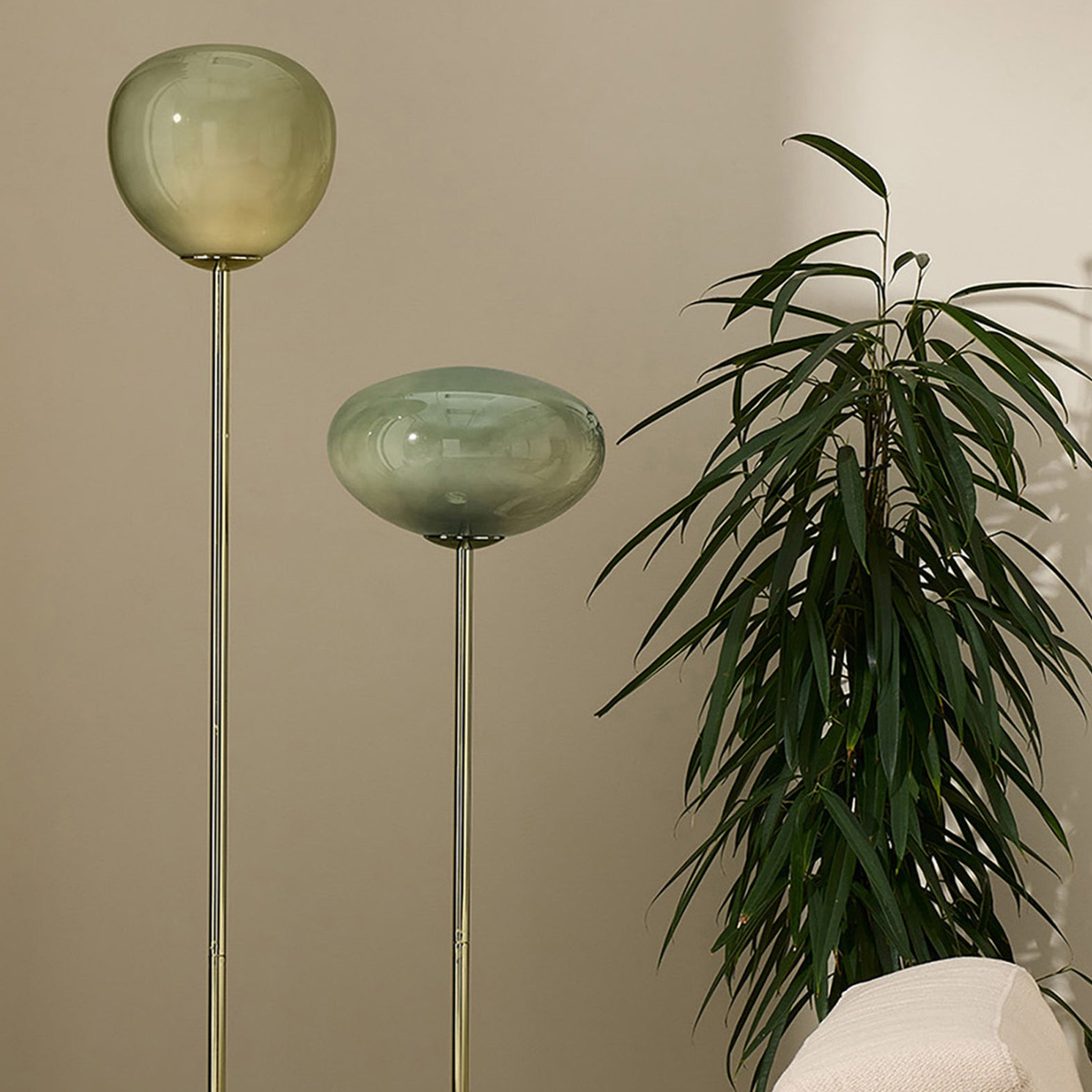 Adrianne Floor Lamp in Polished Brass with Green Toned Glass Shades