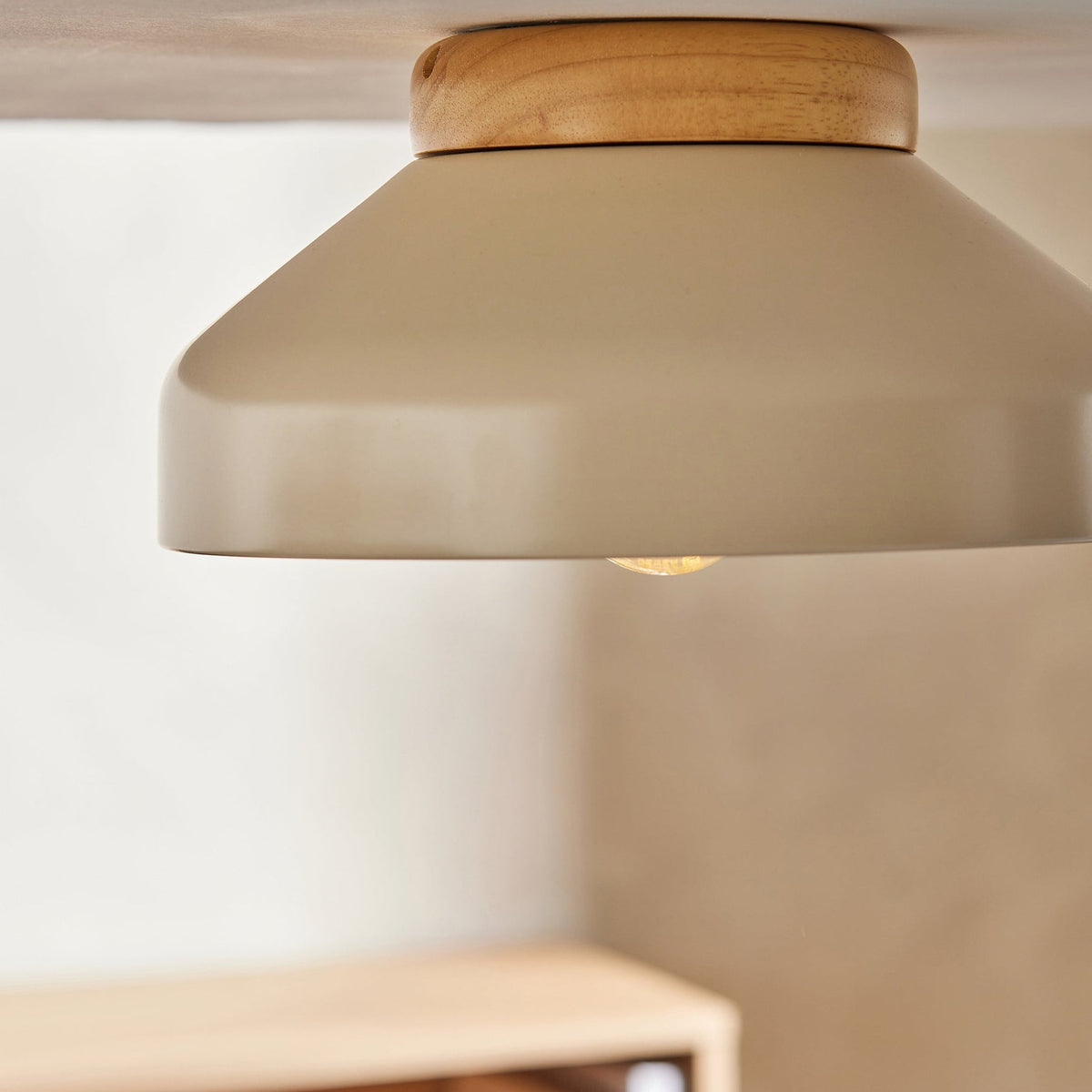 Albert Semi Flush Ceiling Light in Cream with Rubberwood Detail