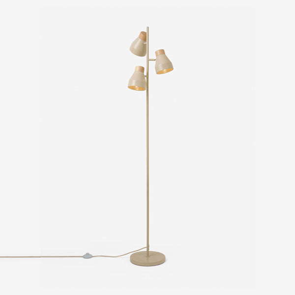 Albert 3 Light Floor Lamp in Cream with Rubberwood Detail