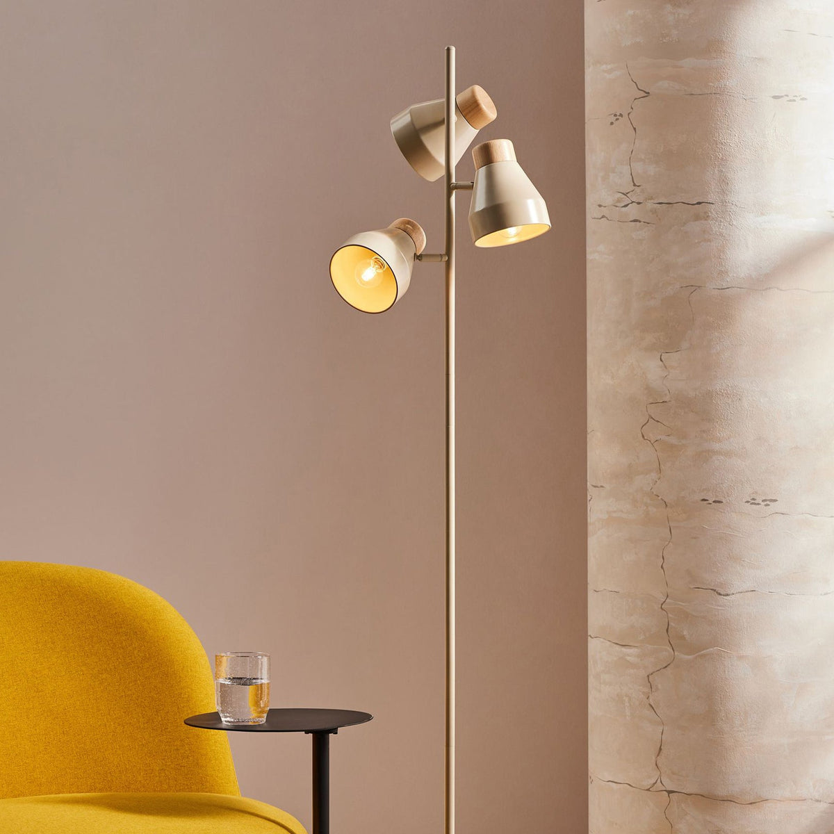 Albert 3 Light Floor Lamp in Cream with Rubberwood Detail