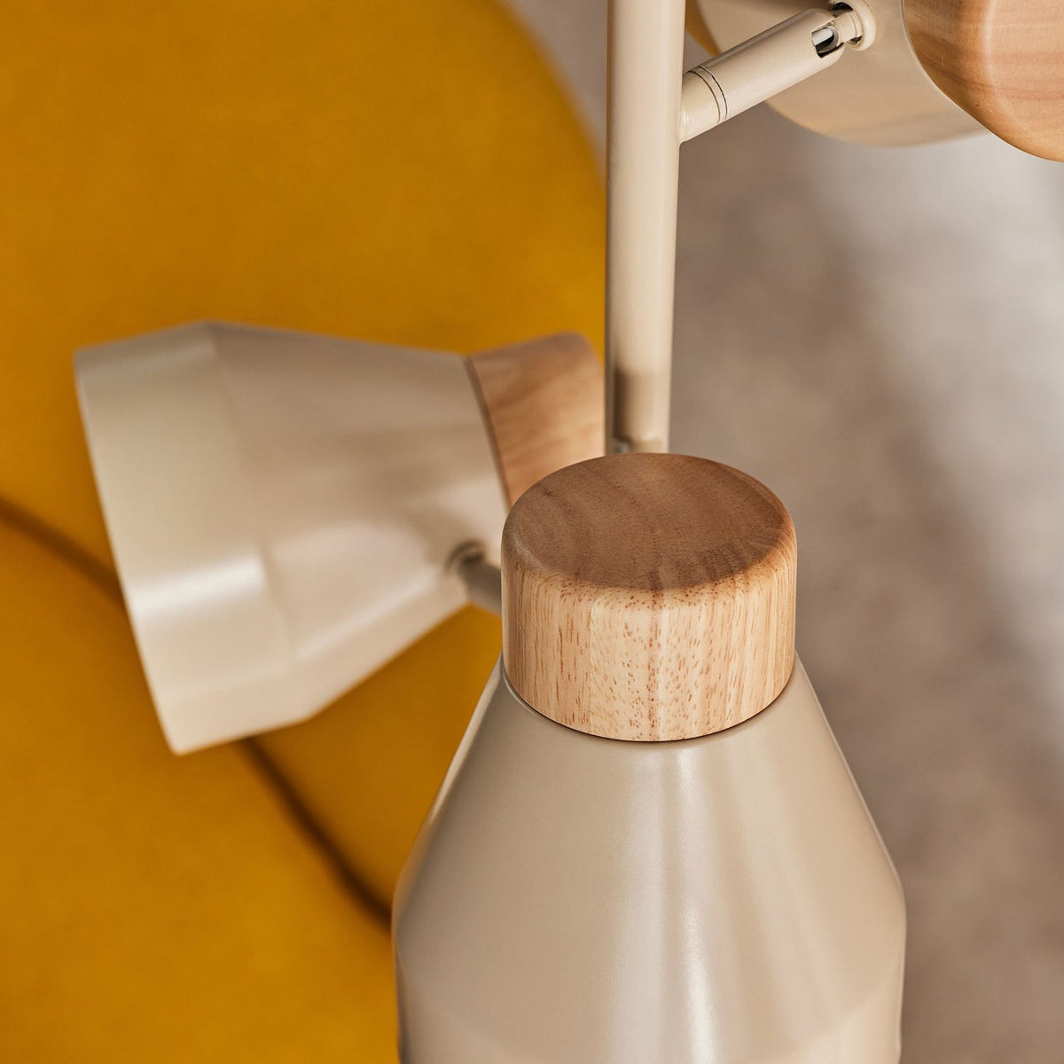 Albert 3 Light Floor Lamp in Cream with Rubberwood Detail