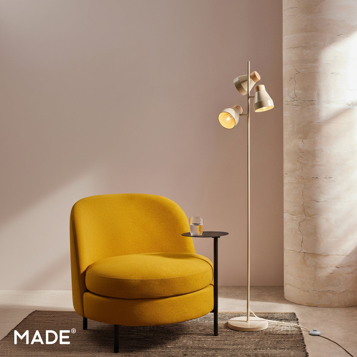 Albert 3 Light Floor Lamp in Cream with Rubberwood Detail