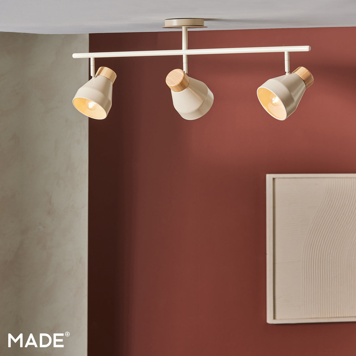 Albert 3 Light Bar Spotlight in Cream with Rubberwood Detail