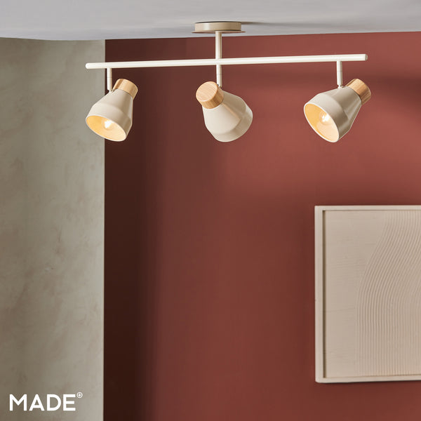 Albert 3 Light Bar Spotlight in Cream with Rubberwood Detail