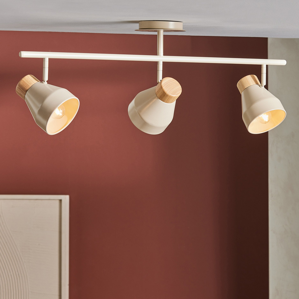 Albert 3 Light Bar Spotlight in Cream with Rubberwood Detail