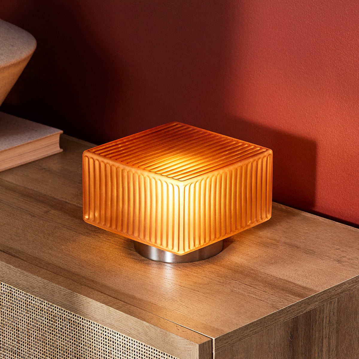Alma Table Lamp in Brushed Chrome with Amber Brown Glass Shade