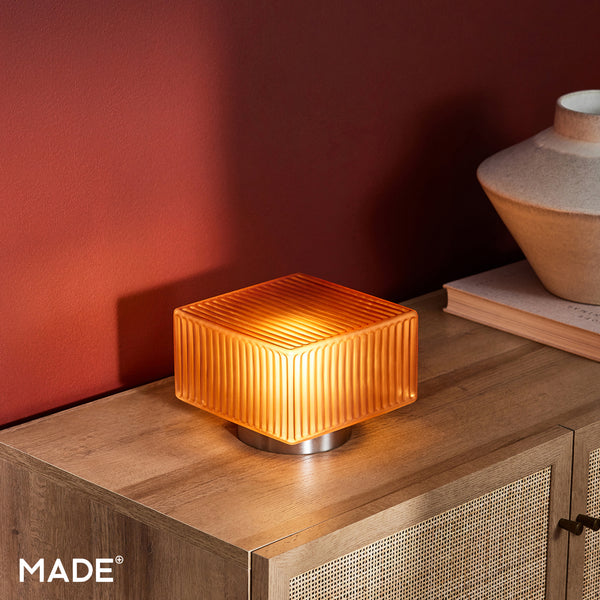 Alma Table Lamp in Brushed Chrome with Amber Brown Glass Shade