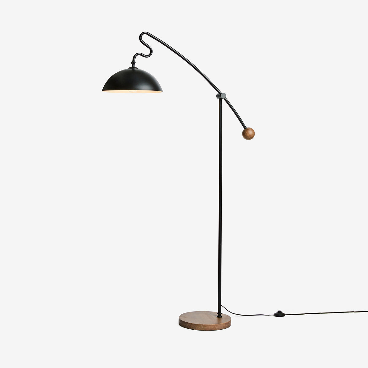 Avery Adjustable Floor Lamp in Matt Black with Rubberwood Detail