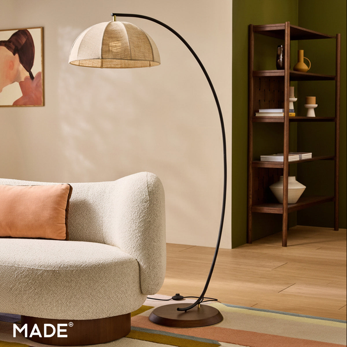 Benny Adjustable Floor Lamp in Matt Black & Ash Wood with Natural Linen Shade