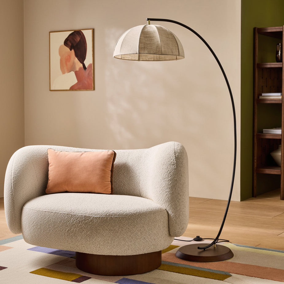 Benny Adjustable Floor Lamp in Matt Black & Ash Wood with Natural Linen Shade