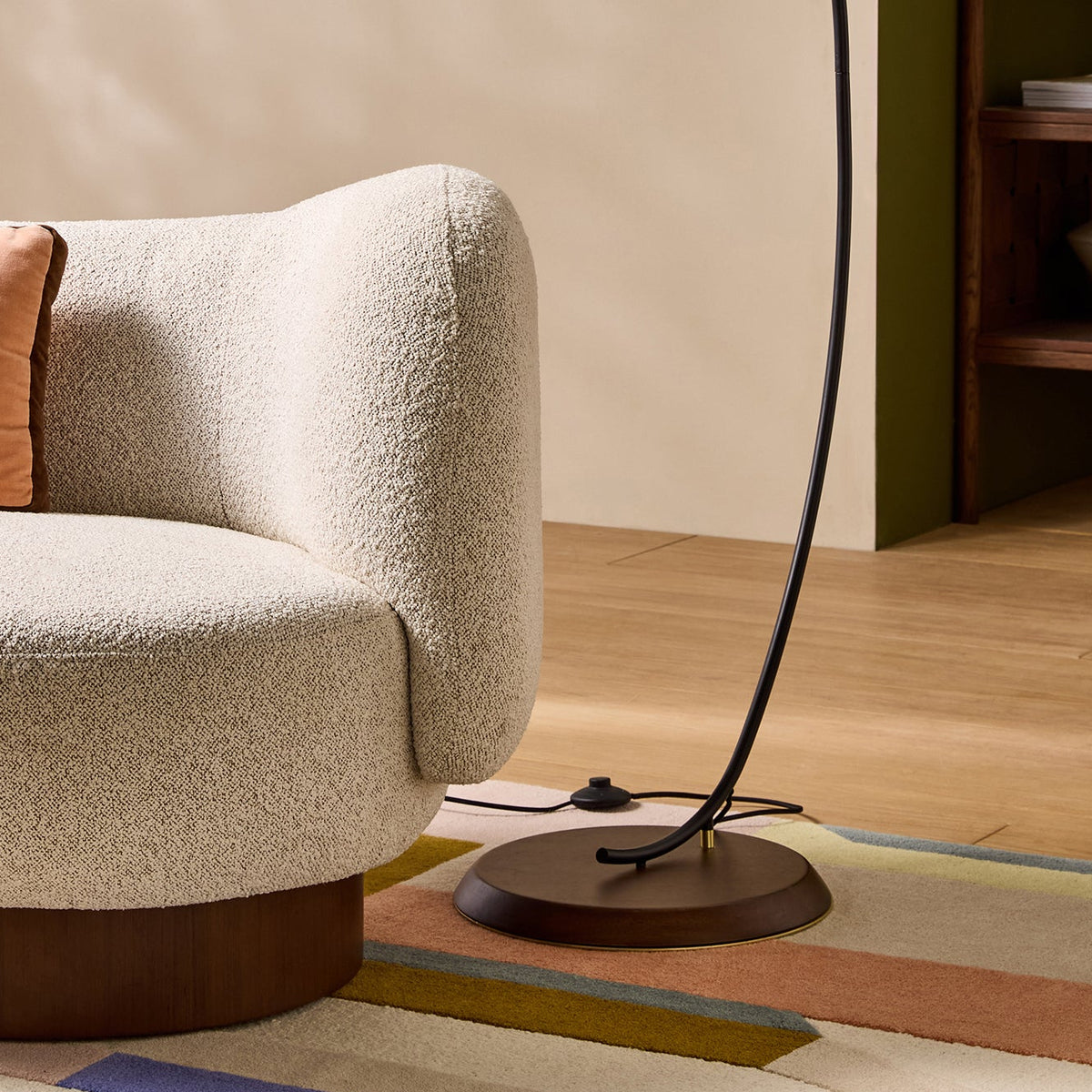 Benny Adjustable Floor Lamp in Matt Black & Ash Wood with Natural Linen Shade