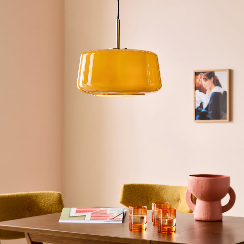 Camilo Pendant in Brushed Gold with Amber Orange Glass Shade