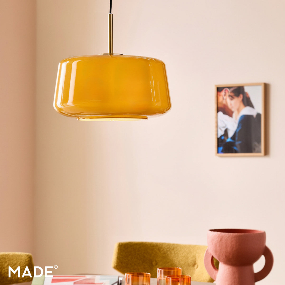 Camilo Pendant in Brushed Gold with Amber Orange Glass Shade