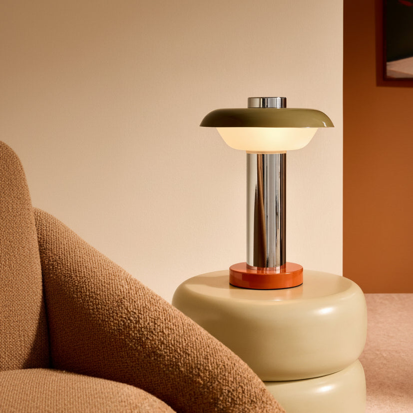 Eero Table Lamp Chrome, Orange & Green with Opal Glass Shade