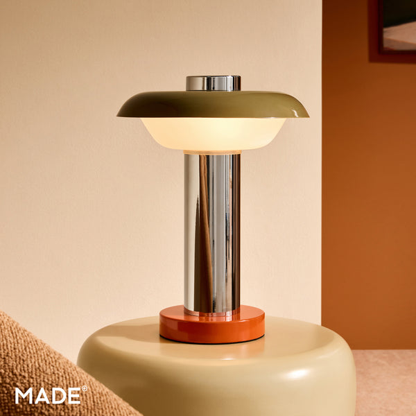 Eero Table Lamp Chrome, Orange & Green with Opal Glass Shade