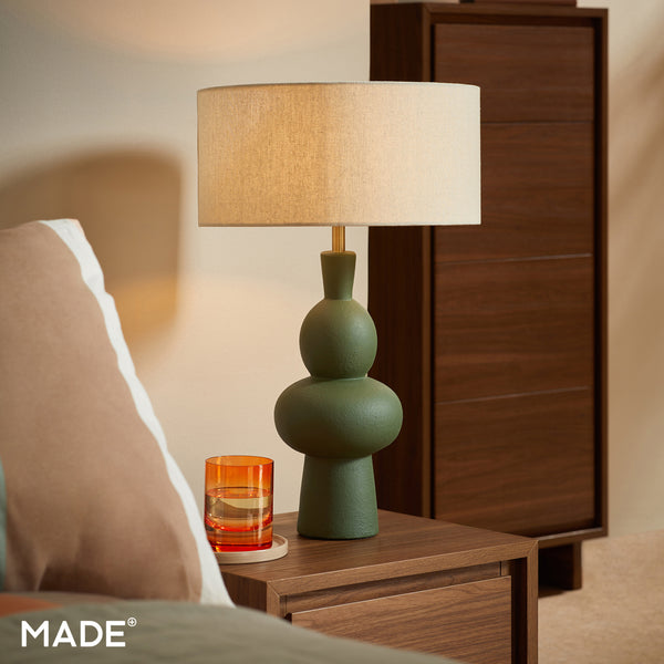 Freyja Ceramic Table Lamp in Green with Cream Cotton Shade