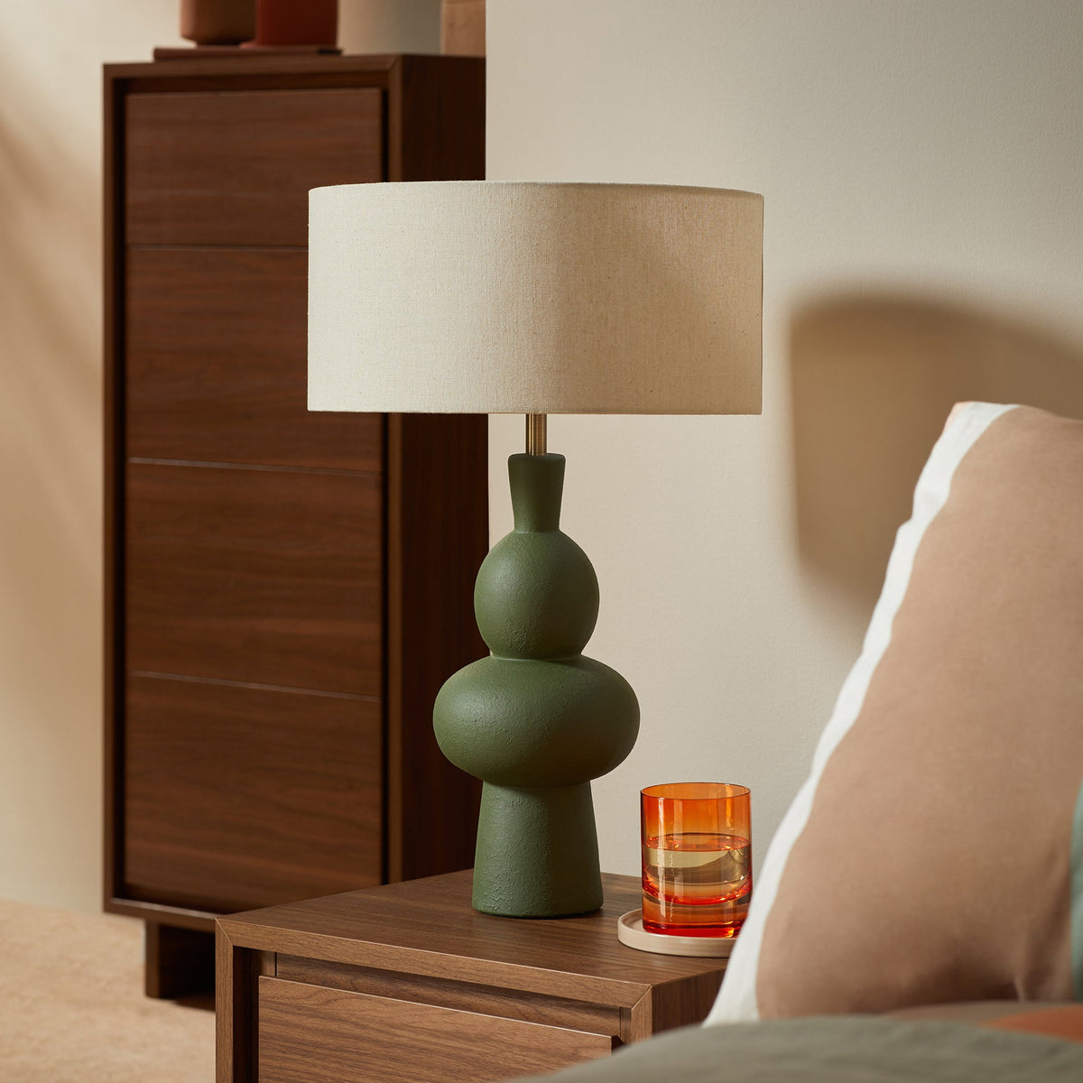 Freyja Ceramic Table Lamp in Green with Cream Cotton Shade