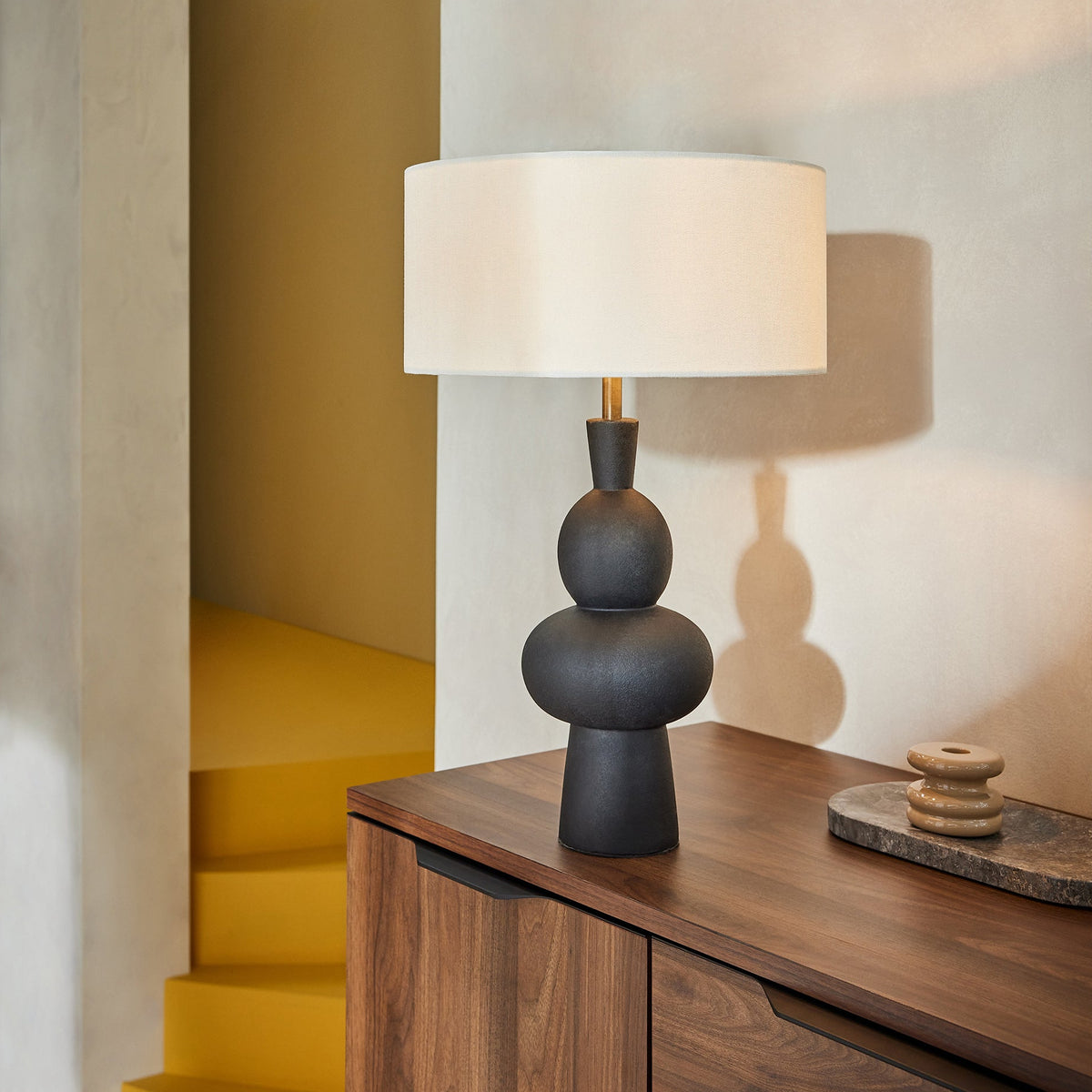 Freyja Ceramic Table Lamp in Black with Cream Cotton Shade