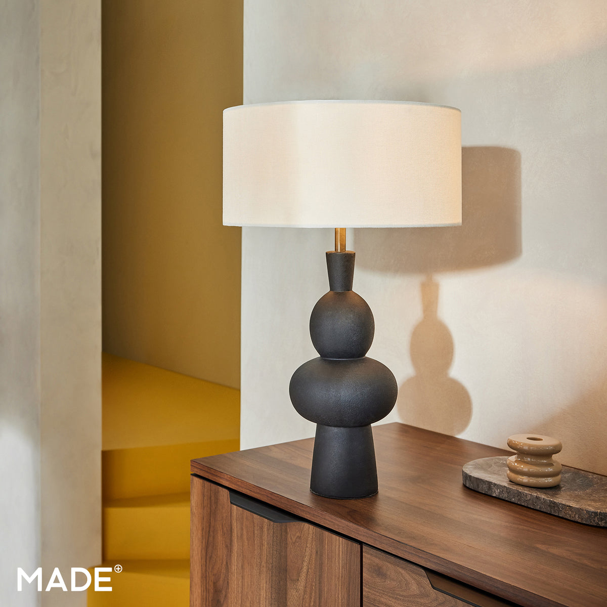 Freyja Ceramic Table Lamp in Black with Cream Cotton Shade