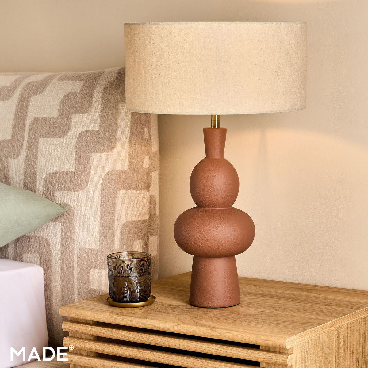 Freyja Ceramic Table Lamp in Brown with Cream Cotton Shade