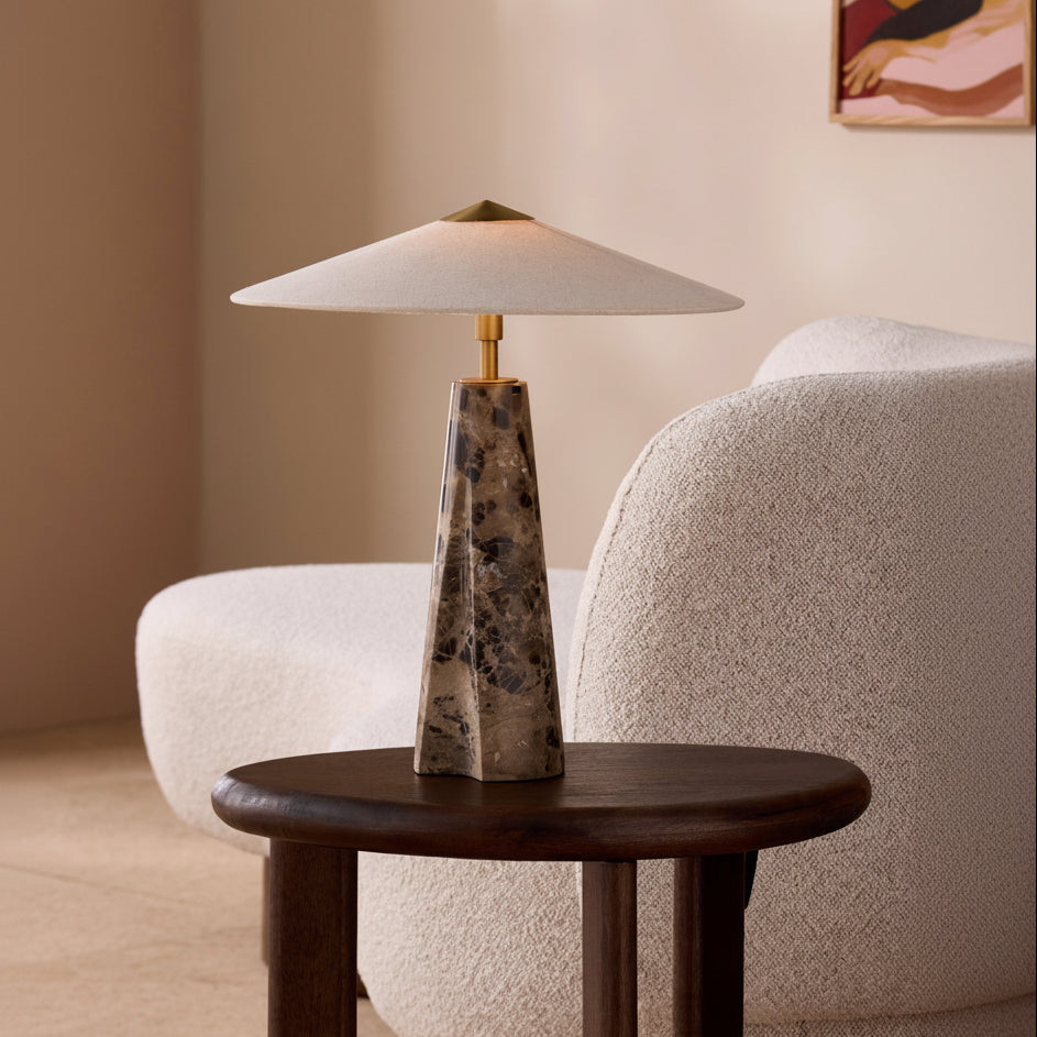 Heath Marble Table Lamp in Black & Brown with Faux Linen Shade