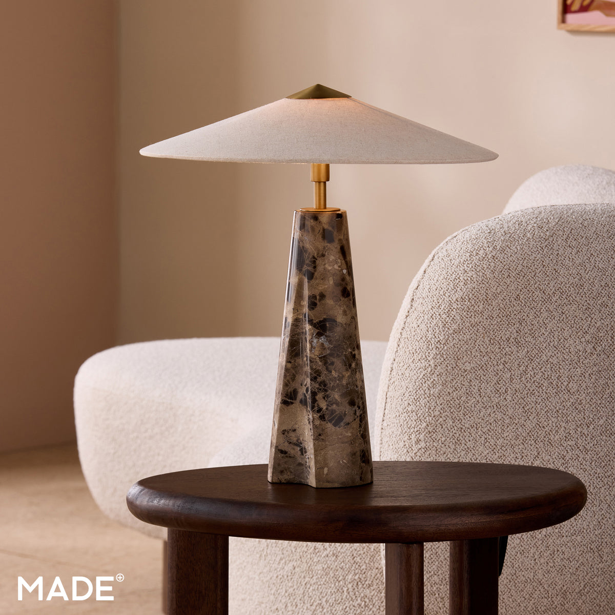 Heath Marble Table Lamp in Black & Brown with Faux Linen Shade