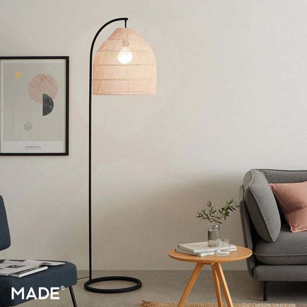 Java Floor Lamp in Black with Light Beige Rattan Shade