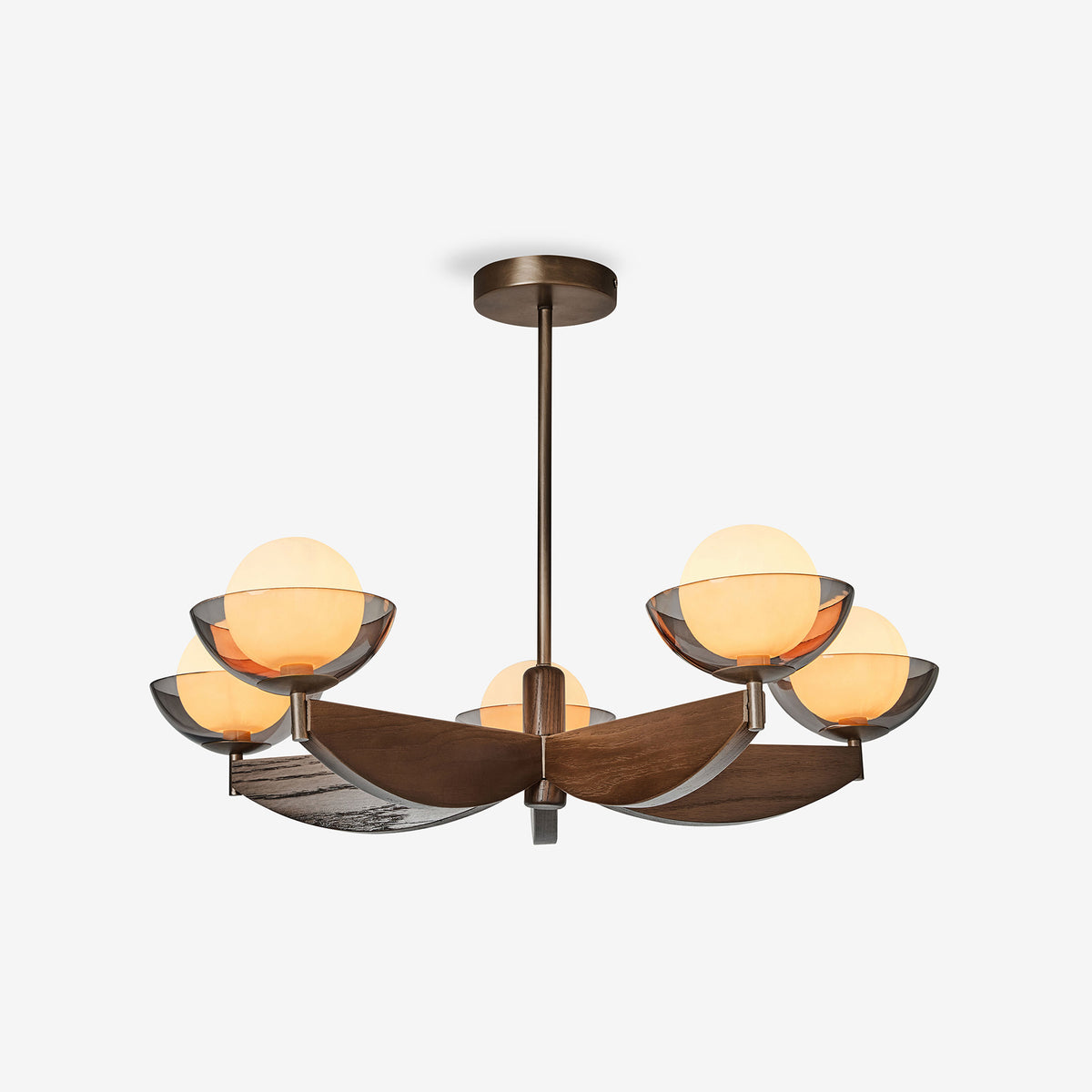 Layla 5 Semi Flush Ceiling Light in Walnut Stained Ash Wood with Smoked Glass & Opal Shades