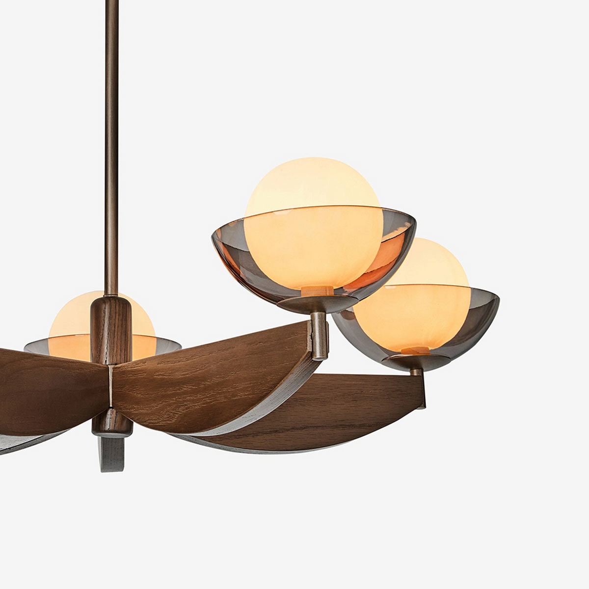 Layla 5 Semi Flush Ceiling Light in Walnut Stained Ash Wood with Smoked Glass & Opal Shades