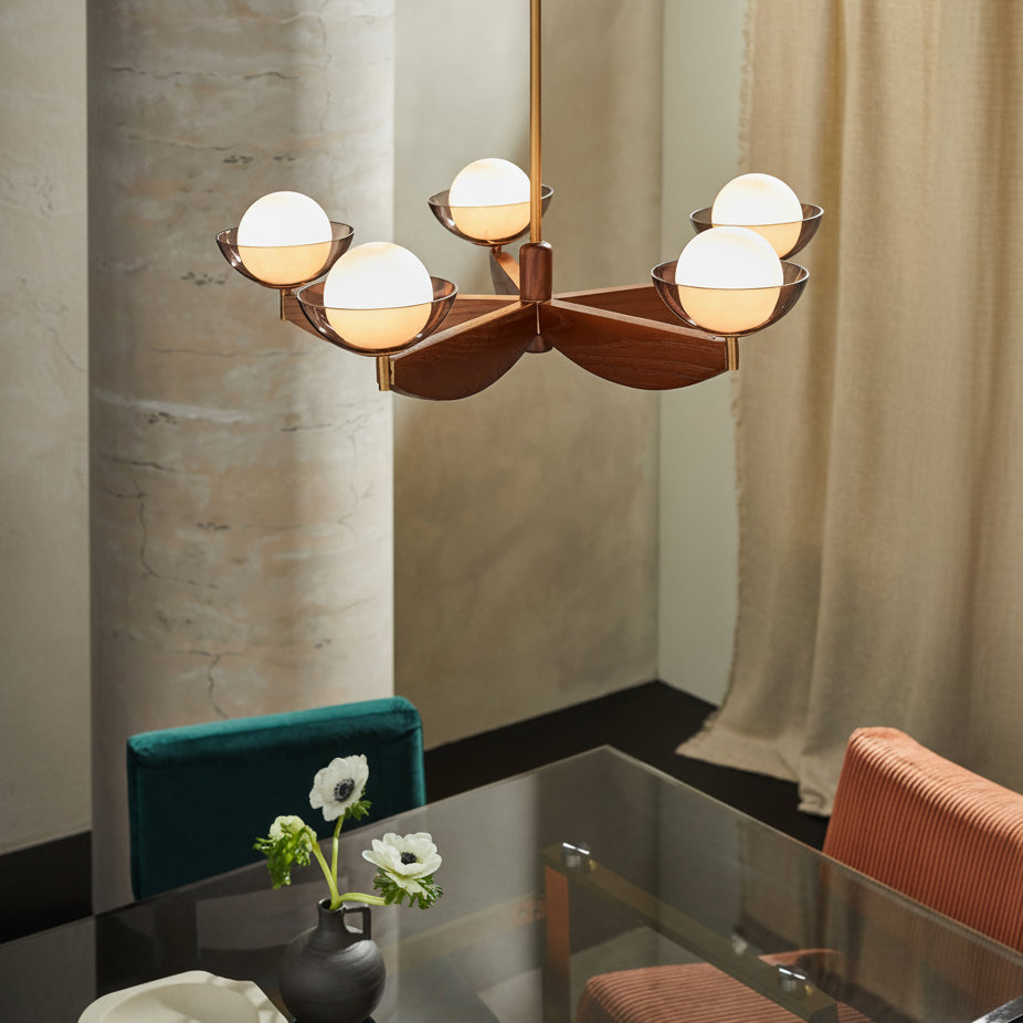 Layla 5 Semi Flush Ceiling Light in Walnut Stained Ash Wood with Smoked Glass & Opal Shades