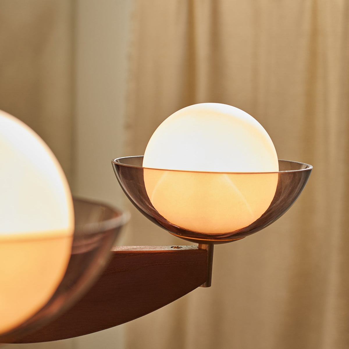 Layla 5 Semi Flush Ceiling Light in Walnut Stained Ash Wood with Smoked Glass & Opal Shades