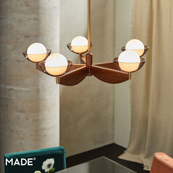 Layla 5 Light Pendant in Walnut Stained Ash Wood with Smoked & Opal Glass Shades