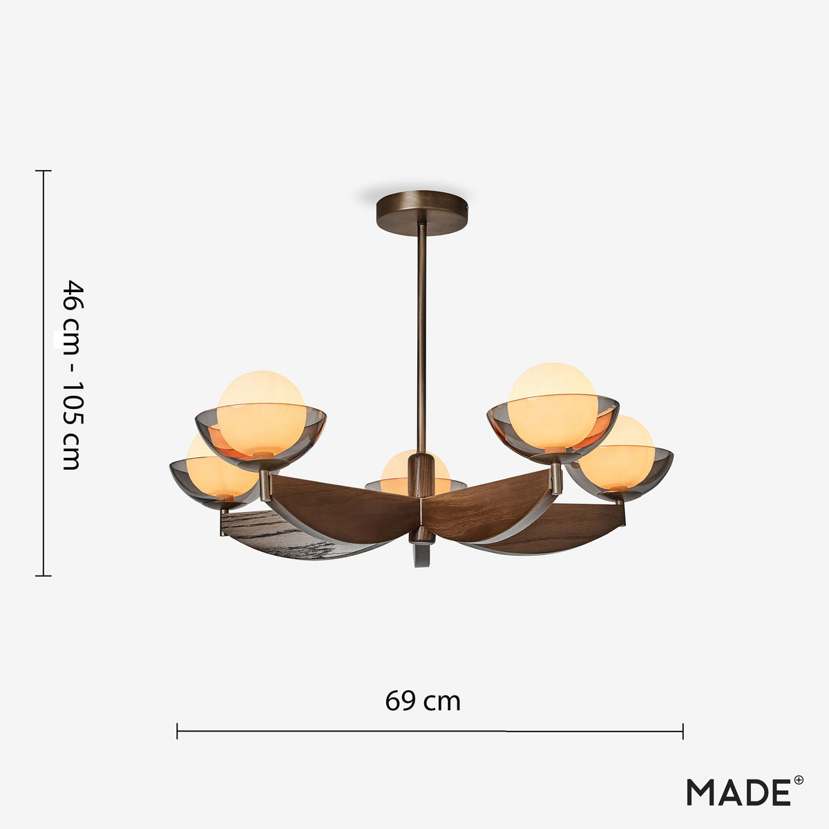 Layla 5 Semi Flush Ceiling Light in Walnut Stained Ash Wood with Smoked Glass & Opal Shades