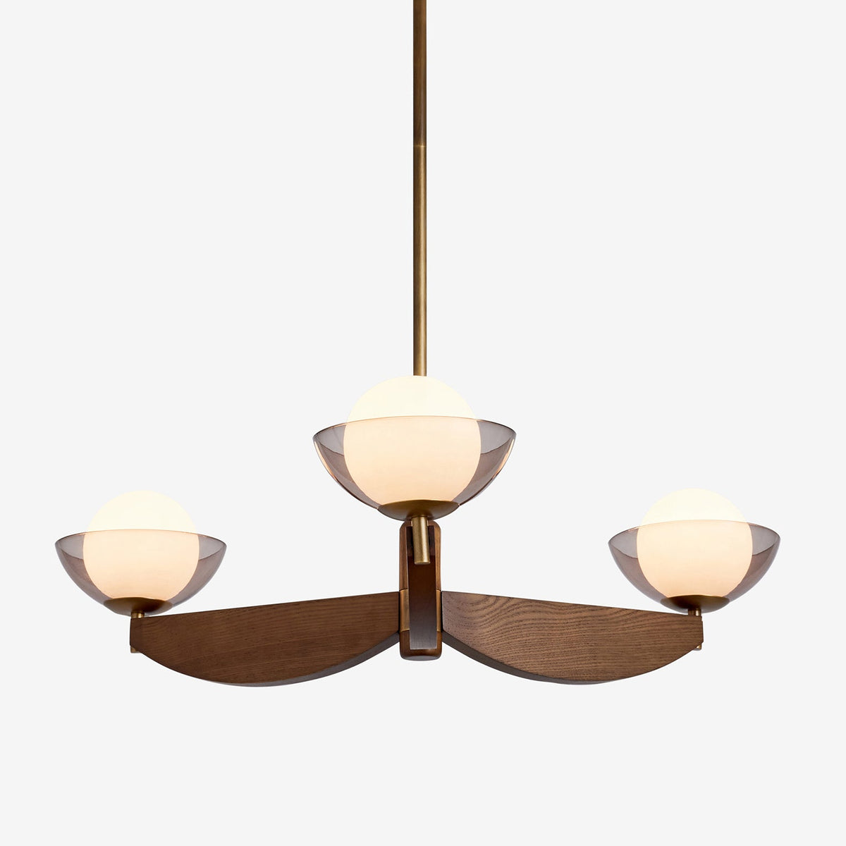 Layla 3 Semi Flush Ceiling Light in Walnut Stained Ash Wood with Smoked Glass & Opal Shades (Copy)