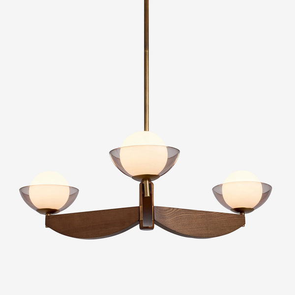 Layla 3 Light Pendant in Walnut Stained Ash Wood with Smoked & Opal Glass Shades