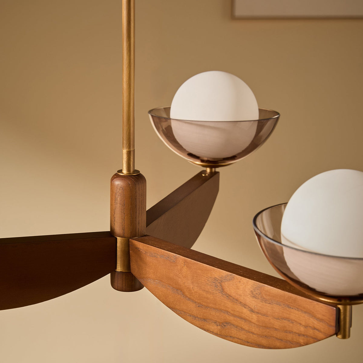 Layla 3 Semi Flush Ceiling Light in Walnut Stained Ash Wood with Smoked Glass & Opal Shades (Copy)