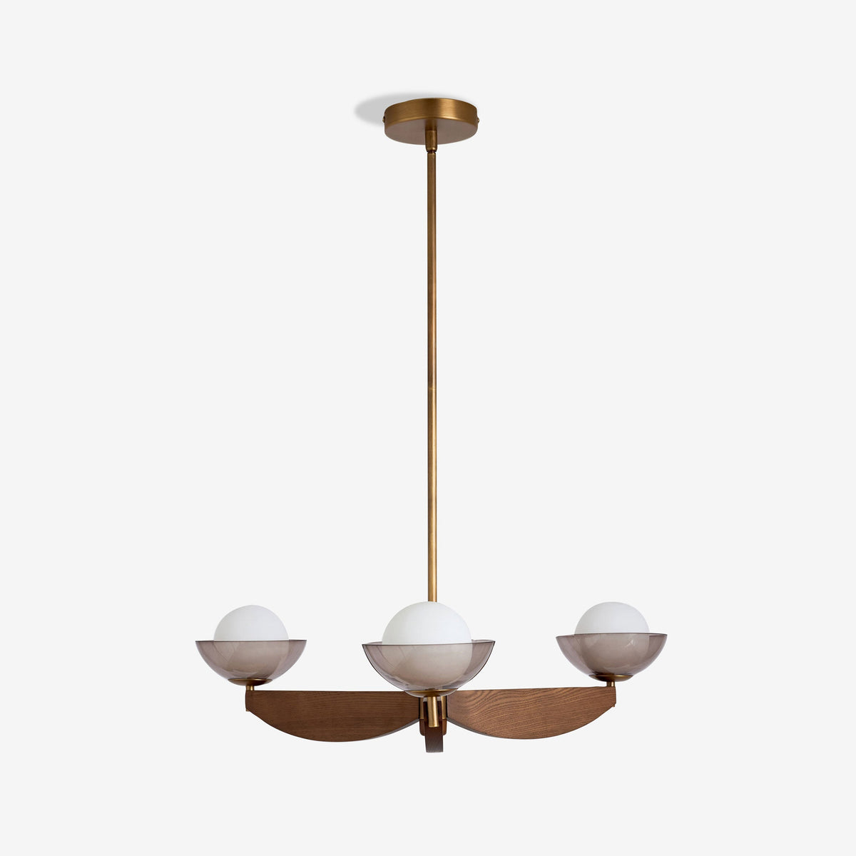 Layla 3 Semi Flush Ceiling Light in Walnut Stained Ash Wood with Smoked Glass & Opal Shades (Copy)