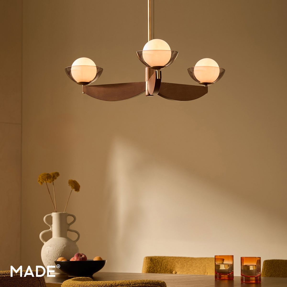 Layla 3 Semi Flush Ceiling Light in Walnut Stained Ash Wood with Smoked Glass & Opal Shades (Copy)