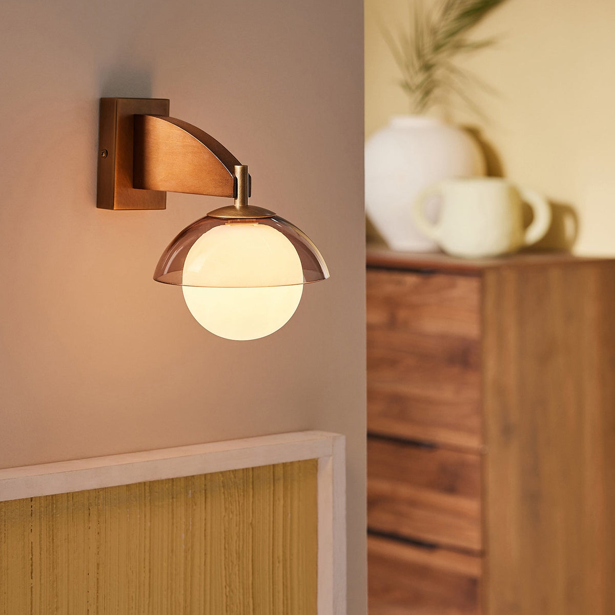 Layla Wall Light in Walnut Stained Ash Wood with Smoked & Opal Glass Shade