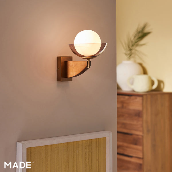 Layla Wall Light in Walnut Stained Ash Wood with Smoked & Opal Glass Shade