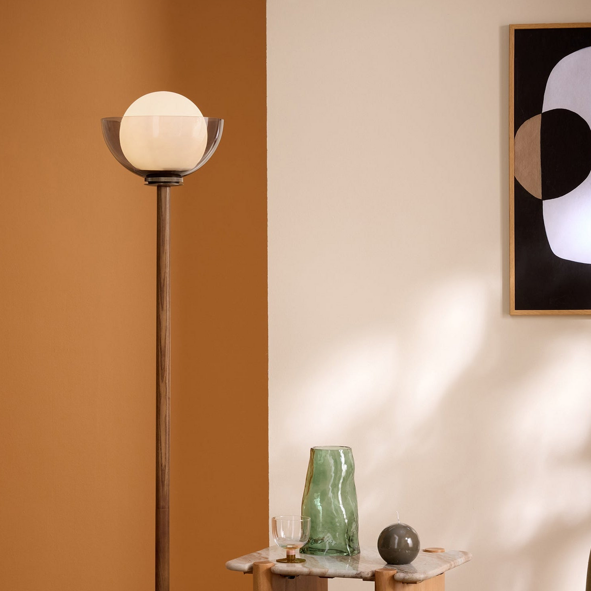 Layla Floor Lamp in Walnut Stained Ash Wood with Smoked & Opal Glass Shade