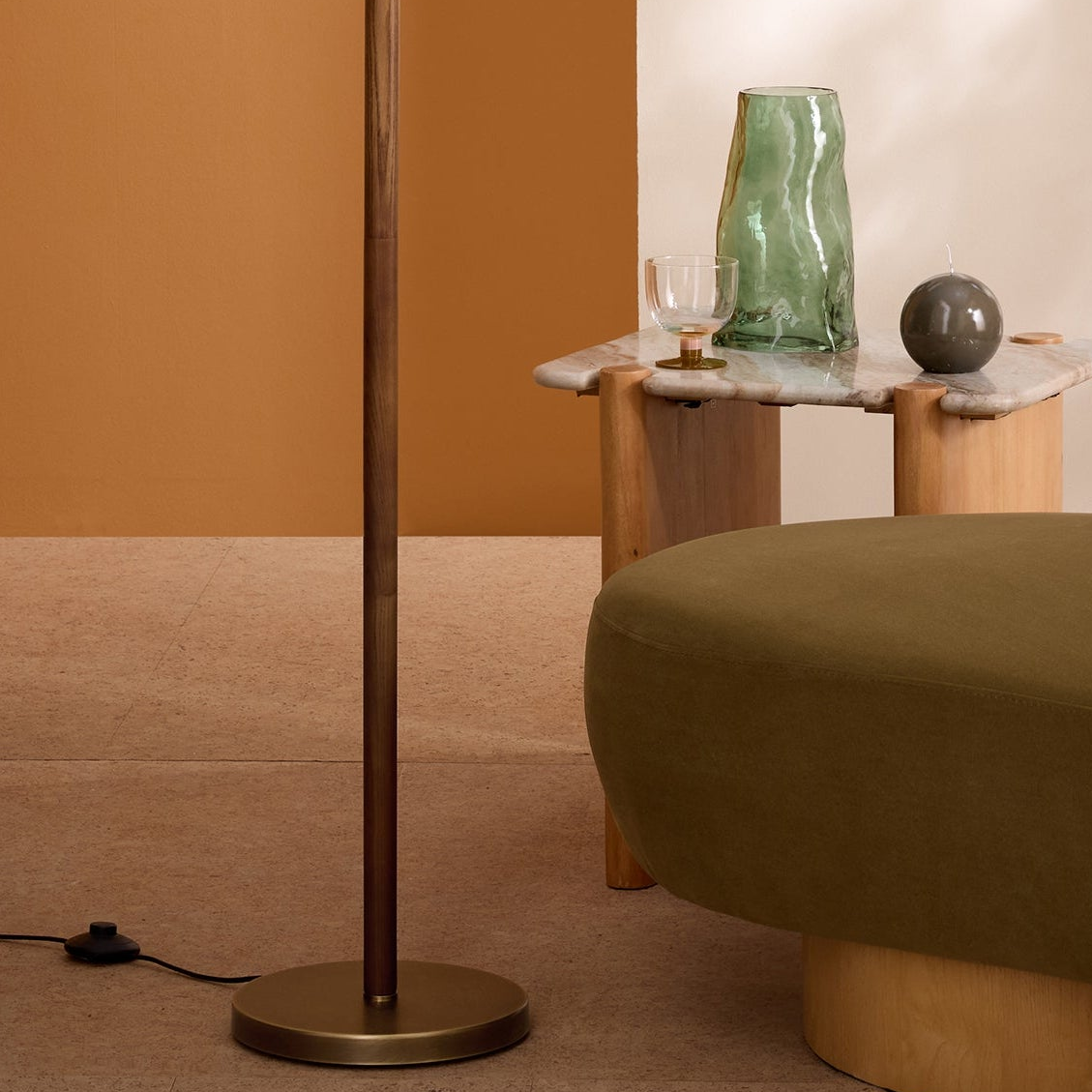 Layla Floor Lamp in Walnut Stained Ash Wood with Smoked & Opal Glass Shade
