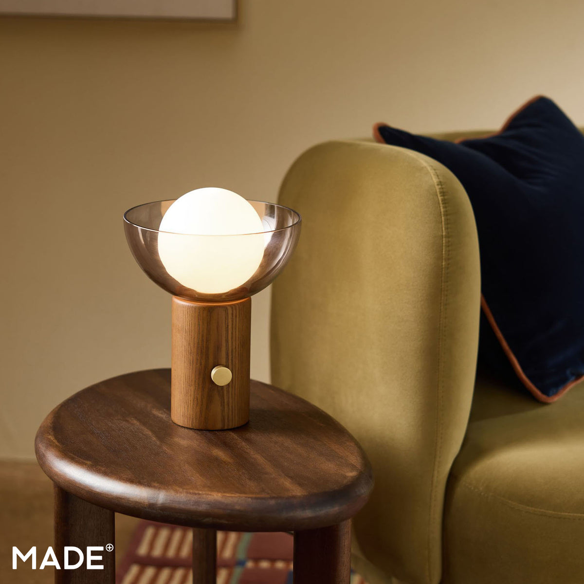 Layla Dimmable Table Lamp in Walnut Stained Ash Wood with Smoked & Opal Glass Shade