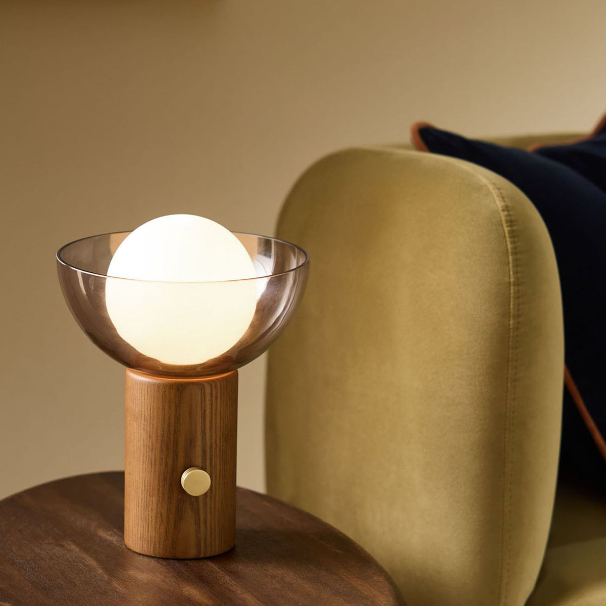 Layla Dimmable Table Lamp in Walnut Stained Ash Wood with Smoked & Opal Glass Shade