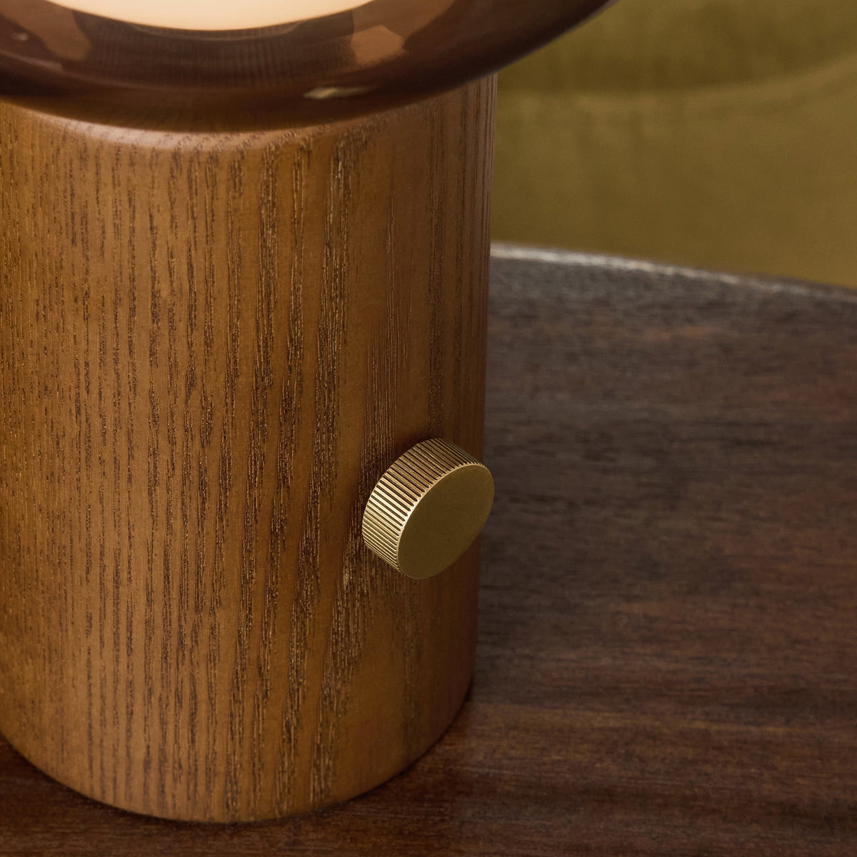 Layla Dimmable Table Lamp in Walnut Stained Ash Wood with Smoked & Opal Glass Shade