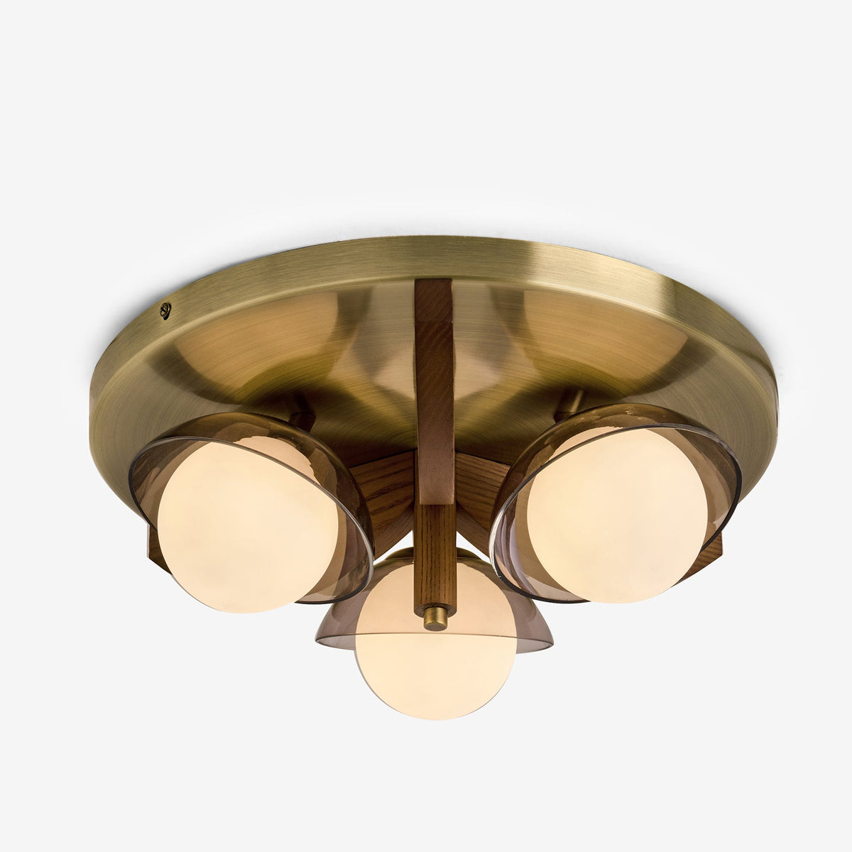Layla 3 Semi Flush Ceiling Light in Walnut Stained Ash Wood with Smoked & Opal Glass Shades