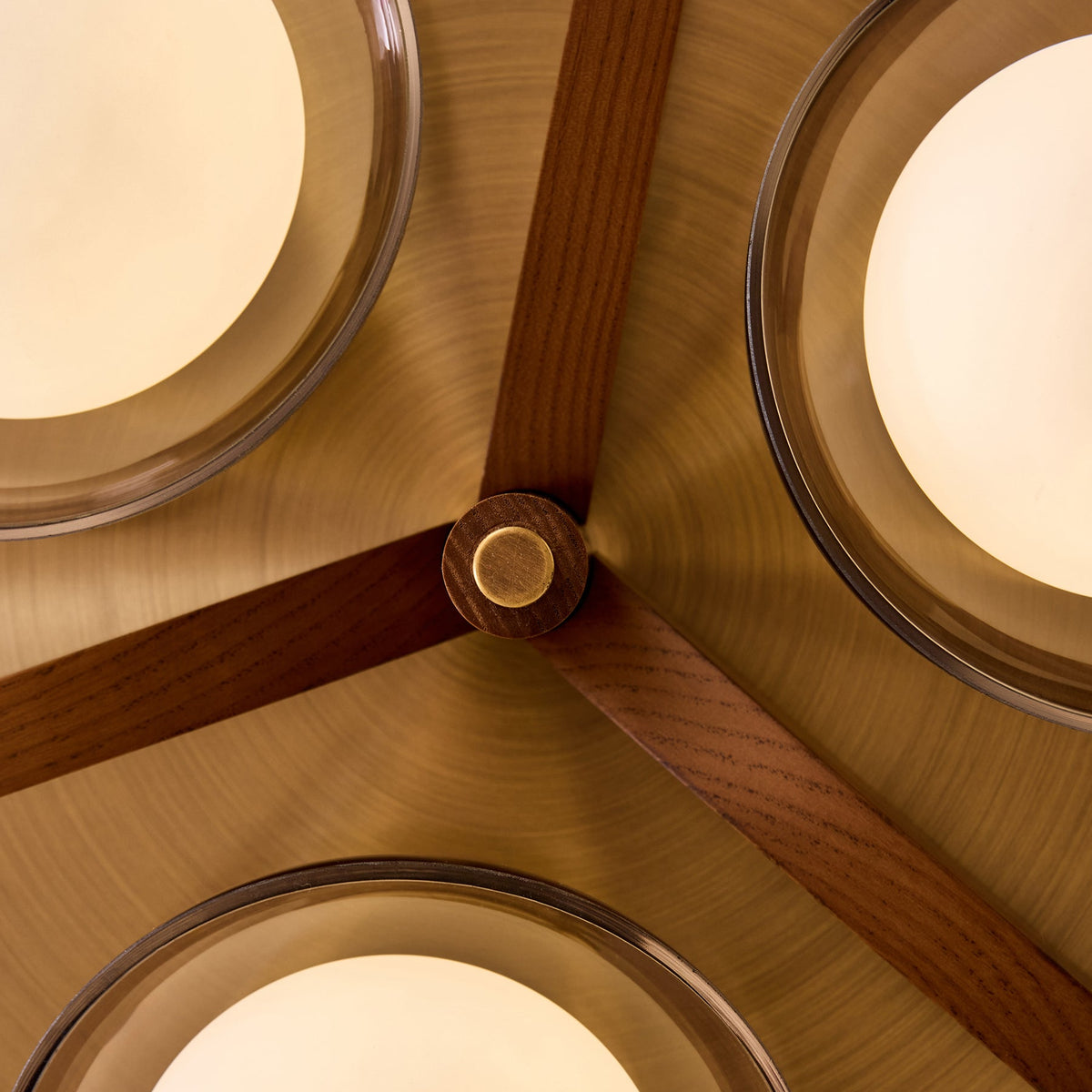 Layla 3 Semi Flush Ceiling Light in Walnut Stained Ash Wood with Smoked & Opal Glass Shades