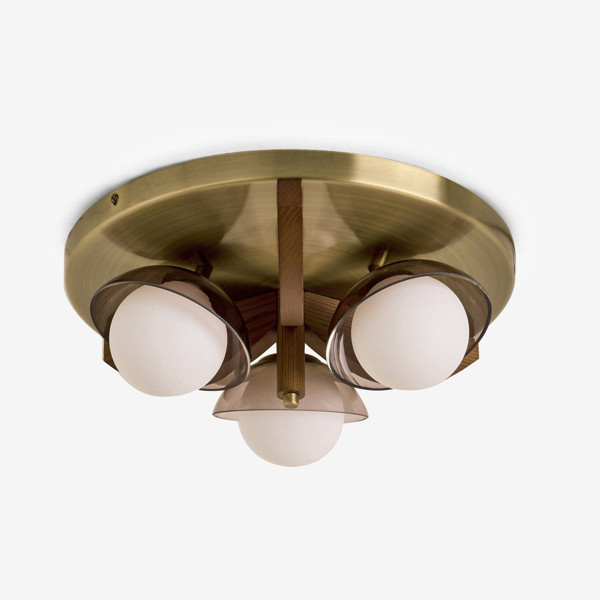 Layla 3 Semi Flush Ceiling Light in Walnut Stained Ash Wood with Smoked & Opal Glass Shades