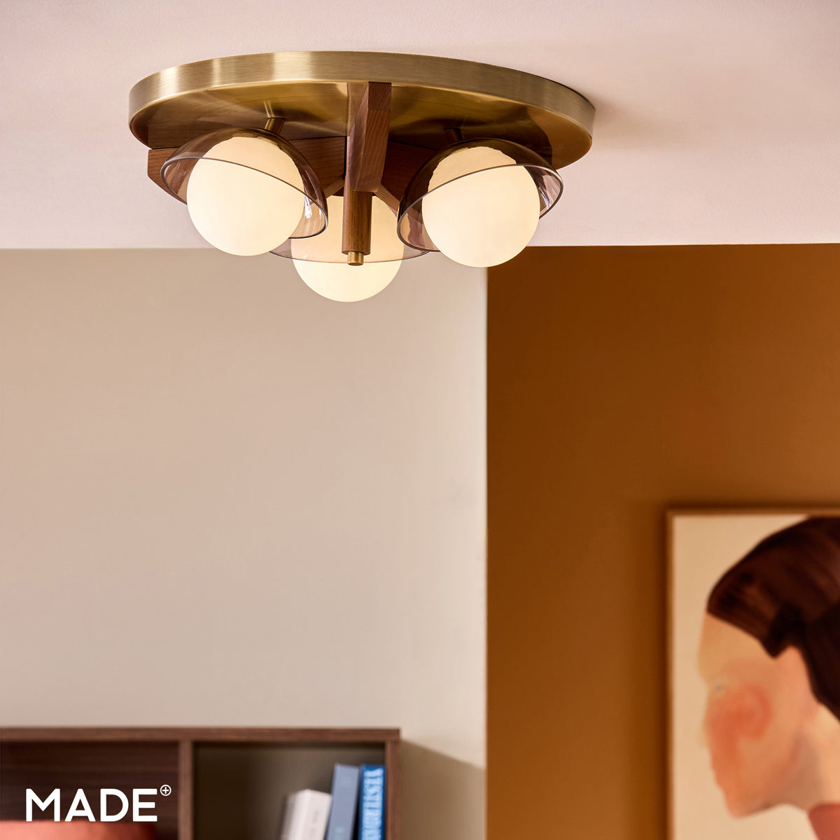 Layla 3 Semi Flush Ceiling Light in Walnut Stained Ash Wood with Smoked & Opal Glass Shades